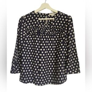 Boden Edith Silk Blend Blouse Navy Blue & White Polka Dot Ruffle Top Size 8
